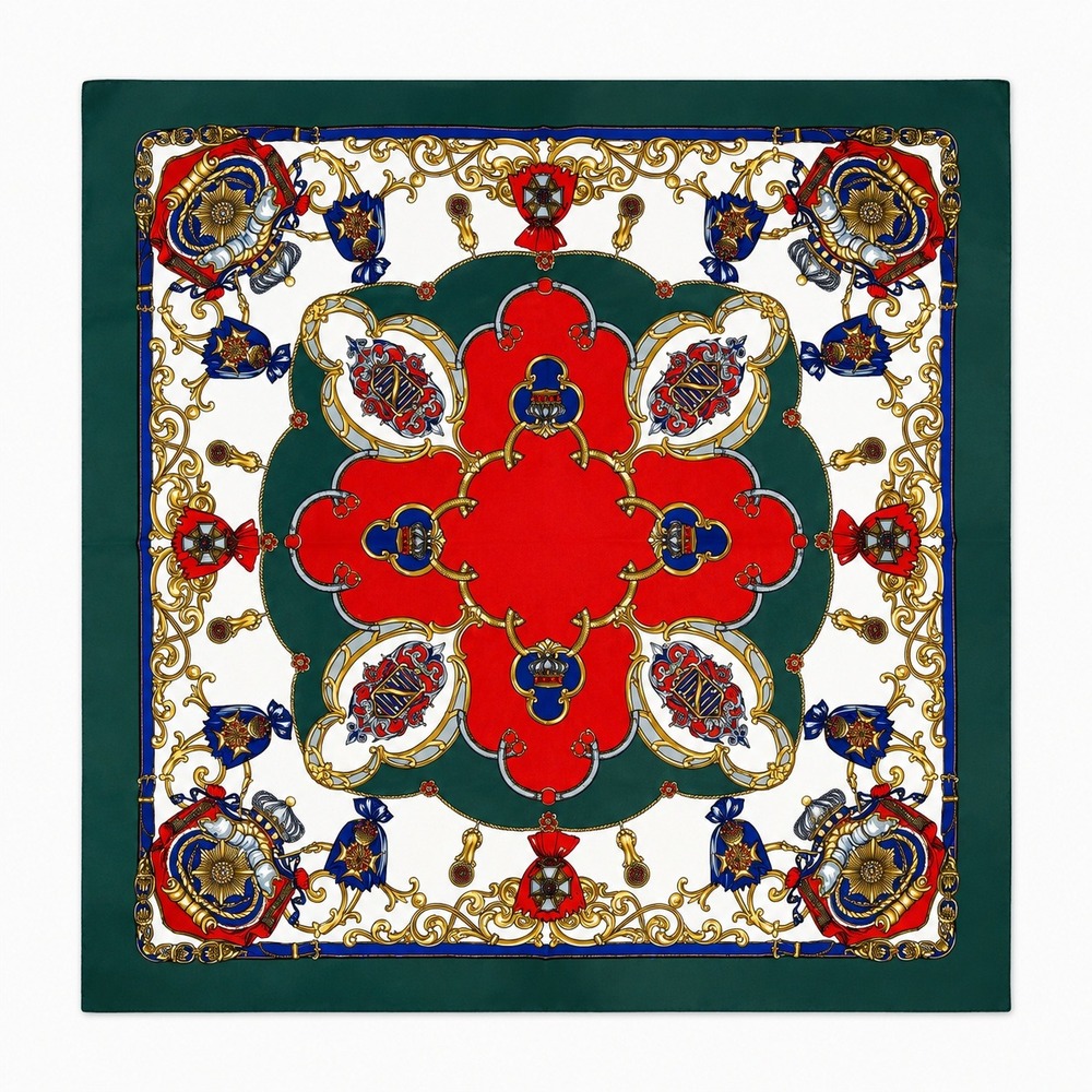 Vintage Baroque Classic Scarf Green Red Gold Heraldic Crest Crown 90s Italy